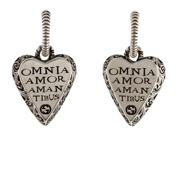 Gucci Sterling Silver Omnia Amor Aman Tibus Drop Heart Earrings - Picture 1 of 9